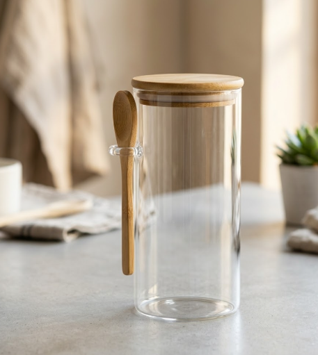 BOROSILICATE GLASS STORAGE JAR WITH BAMBOO LID AND SPOON